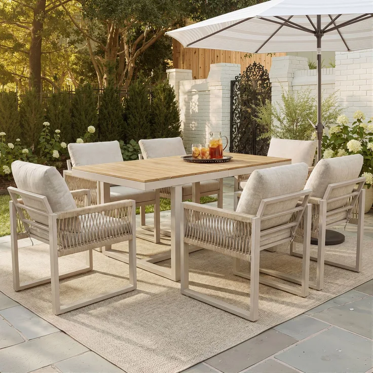 Merax 7-tlg. Garten-Essgruppe, Outdoor-Esstisch-Set, mit 1 Tisch + 6 Stühle, mit Seilgeflecht & Kissen Wetterfest, Beige