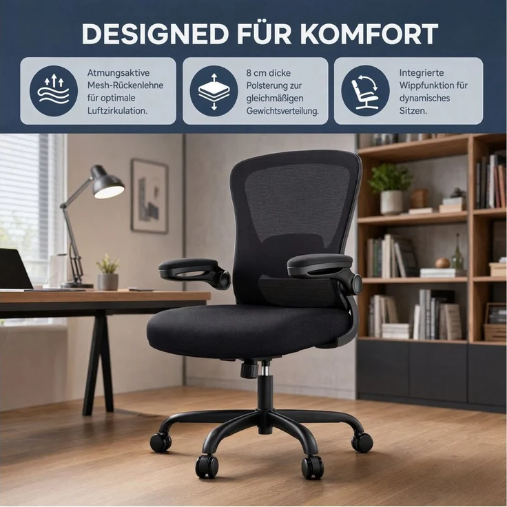 Marsail Bürostuhl Ergonomischer – Schreibtischstuhl Mesh mit 3D-verstellbaren Armlehnen (4-fach verstellbarer Lendenwirbelstütze, Mesh-Rückenlehne), Höhenverstellung, Wippfunktion, Drehstuhl bis 136 kg – Bild 2