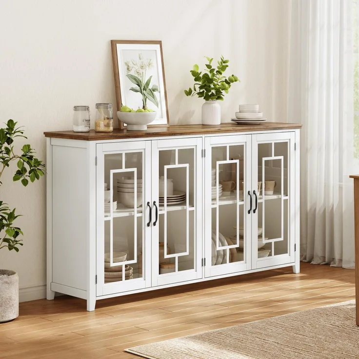 Merax 160cm Küchen-Sideboard mit Glastüren, einem geräumigen Staufach, einer Arbeitsplatte in Holzoptik und einer Kippsicherung, Weiß