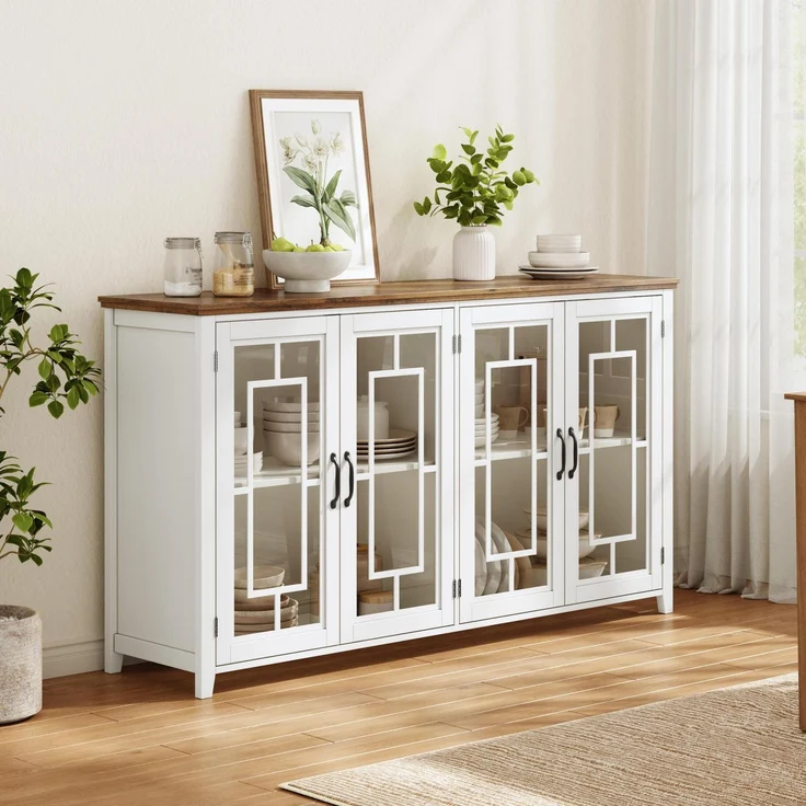 Merax 160cm Küchen-Sideboard mit Glastüren, einem geräumigen Staufach, einer Arbeitsplatte in Holzoptik und einer Kippsicherung, Weiß – Bild 1