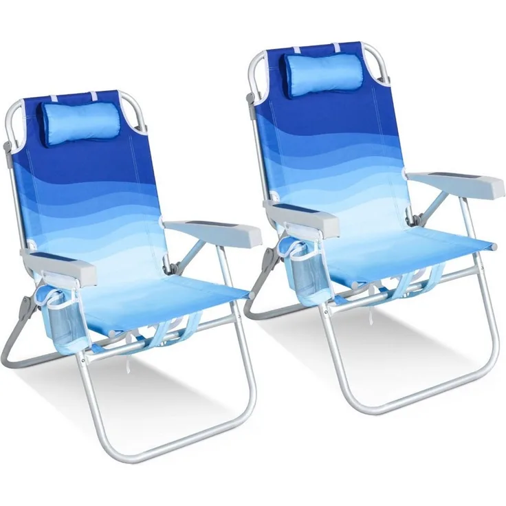 HOMECALL Klappstuhl Strandstuhl Leicht Klappbar Camping, 5-fach verstellbare Rückenlehne (Bis150KG Aluminiumrahmen, groBe Kuhitasche und Aufbewahrungstasche, 2 St), Seitentaschen, Kopfstütze, Schultergurten, Handtuchhalter