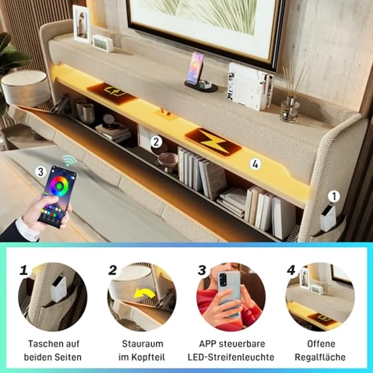 FAVSH Polsterbett Doppelbett 90x200 cm, Stauraumbett Bett mit USB Type-C Port und Einstellbar Stauraum Kopfteil, LED Hydraulisches Bett Stauraumbett Jugendbett,Leinen, ohne Matratze (Beige) – Bild 7