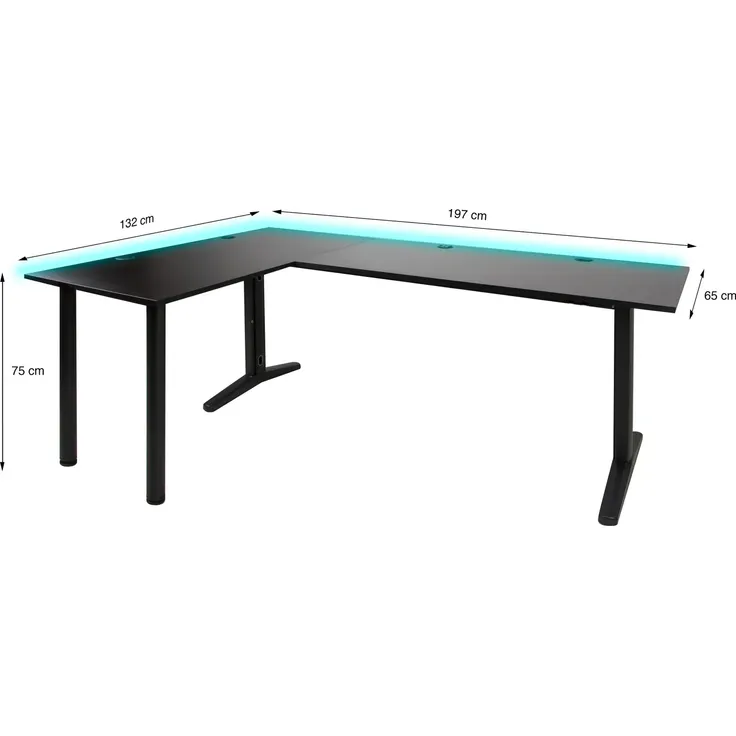 SyberDesk Gaming Eckschreibtisch V2 LED, 197 x 132 cm, RGB Gaming Tisch L-Form, USB-HUB, Kabelmanagement, L-förmiger Computertisch, (links, schwarz) – Bild 2