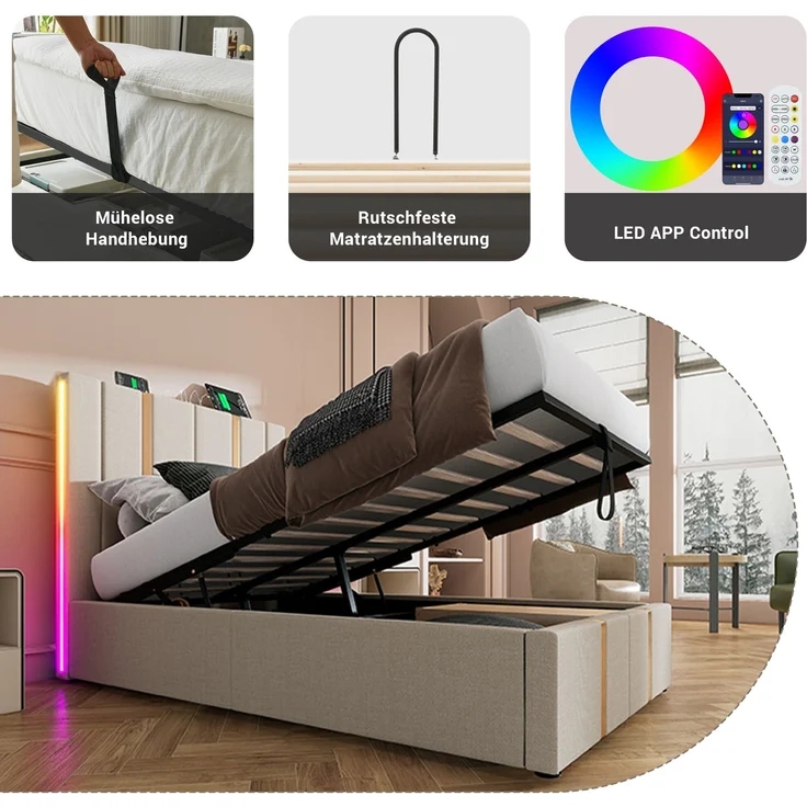 Polsterbett aus Leinen mit LED & USB-Anschluss, Stauraum, 90x200 cm, Beige, ohne Matratze – Bild 9