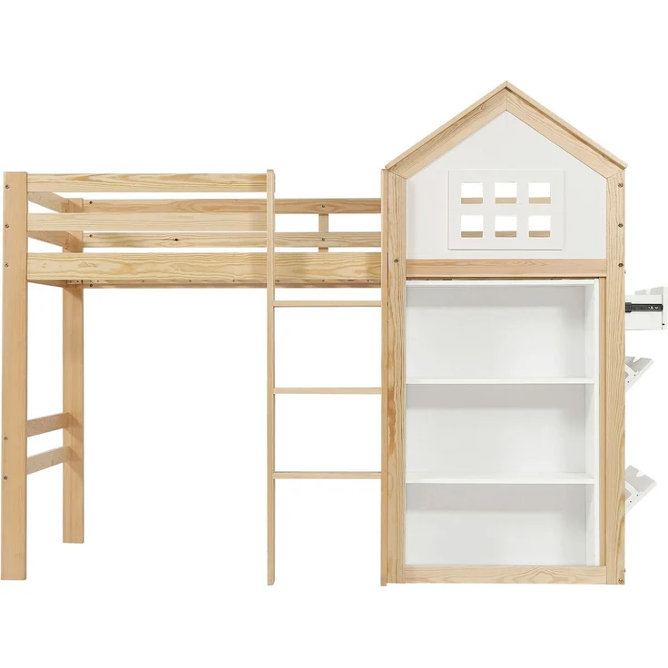 Hochbett mit Bücherregal, Stauraum, Lattenrost und Leiter, 90x200 cm, Schrank mit 2 Klappen und 1 Schublade, Kinderbett mit Rausfallschutz, Kiefer – Bild 9