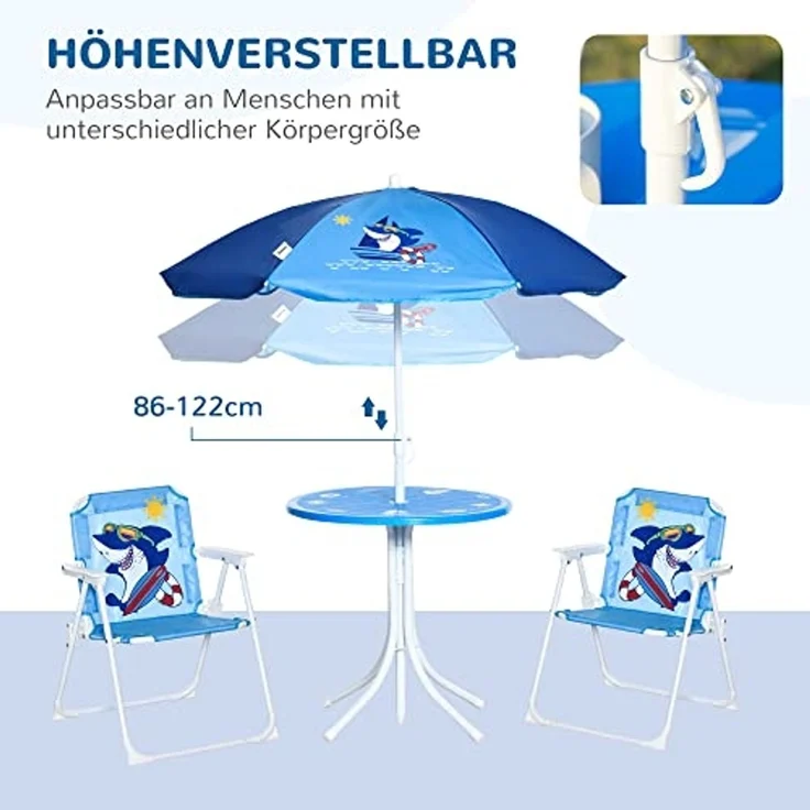 Outsunny Kindersitzgruppe, 4 teilige Kindersitzgarnitur mit Sonnenschirm, Kindertisch mit 2 Klappstühlen, Outdoor Picknicktisch für Kinder 3-6 Jahre, Gartenmöbel für Garten, Hinterhof, Terrasse, Blau – Bild 4