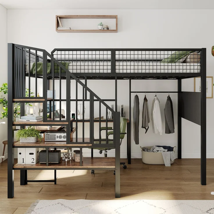 EINHOM Metallbett 140 x 200 cm in Schwarz, Hochbett mit L-förmigem Eckschreibtisch, Treppe, Tastaturauszug, Ladeanschluss und seitlicher Stofftasche (Ohne Matratze) – Bild 4