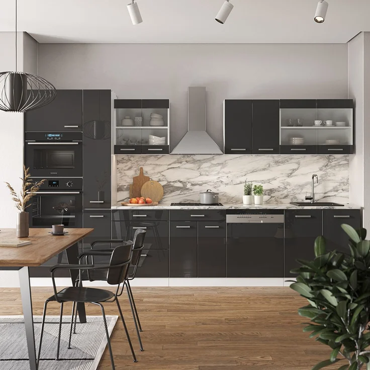 Küchenzeile R-Line Anthrazit Hochglanz/Weiß 350 cm mit Hochschrank, AP Marmor Vicco – Bild 4