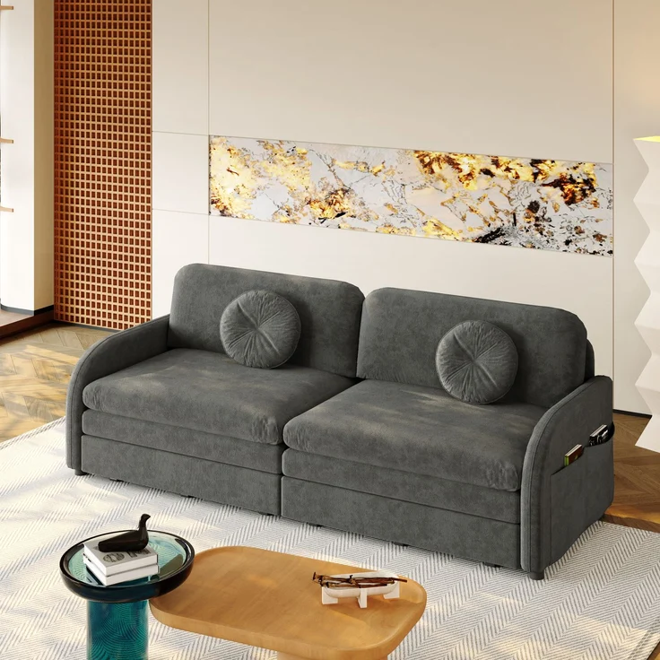 ZUBALIYA 206 cm King-Size ausziehbares 3-Sitzer-Sofa, 3-in-1 Schlafsofa, mit losen Kissen und Stautaschen an beiden Seiten, Chenille-Sofa mit Schlaffunktion, Grau, H 89 × T 205 × B 84 cm – Bild 2