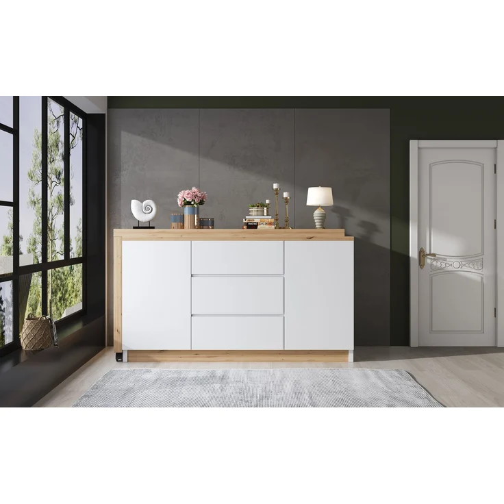 Schreibtisch 120 × 50 × 76,5 cm, drehbar und klappbar, 3 Schubladen, 2 Türen, 2 feststellbare Rollen, 4 cm starke Platte, Spanplatte, Weiß/Eiche – Bild 14