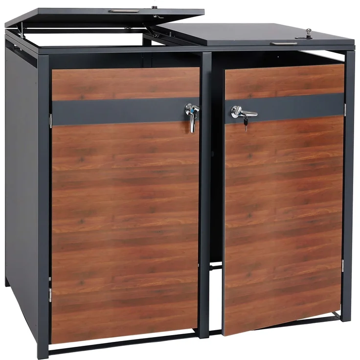 2er Mülltonnenverkleidung HWC-J82, Mülltonnenbox, erweiterbar, Metall 50kg, anthrazit ~ Kirsche-Holzoptik dunkelbraun – Bild 9