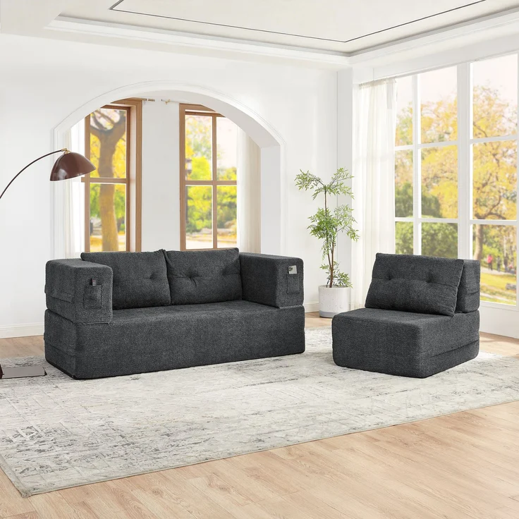 ZUBALIYA SchlafSofa mit breiten Armlehnen, modular aufgebaut, ohne aufwendige Montage, für Wohnzimmer und Apartments, Dunkelgrau – Bild 1