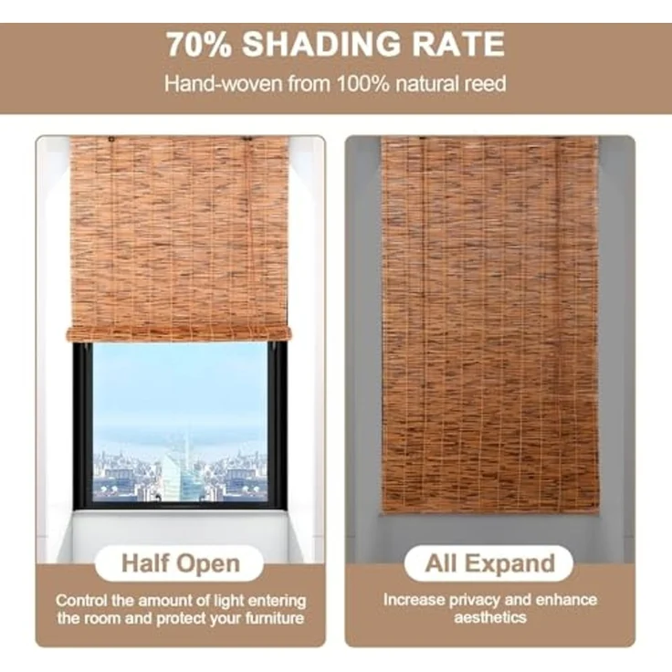 Bambus Rollo 100x220cm (Breite x Höhe) Sichtschutz und Sonnenschutz Jalousie Vorhang für Fenster, Tür, Balkon und Garten | Handgefertigtes Bambusrollo aus Schilfrohr mit Seiljustierung Wohnzimmer – Bild 3