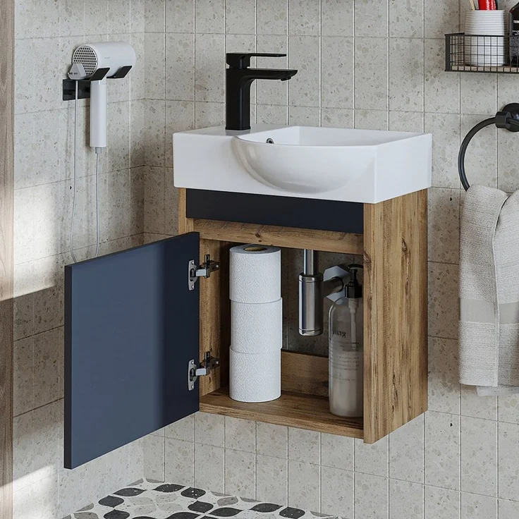 Roomart Badmöbel-Set LEO Gäste-WC Set 46,5 cm, nur 24,5 cm tief, Soft-Close, 4 Farben, (Komplett-Set, • Unterschrank mit Waschbecken • Badezimmer Möbel • Gäste WC), Soft-Close, nur 24,5 cm tief, Wandmontage, Keramikbecken, modular – Bild 2