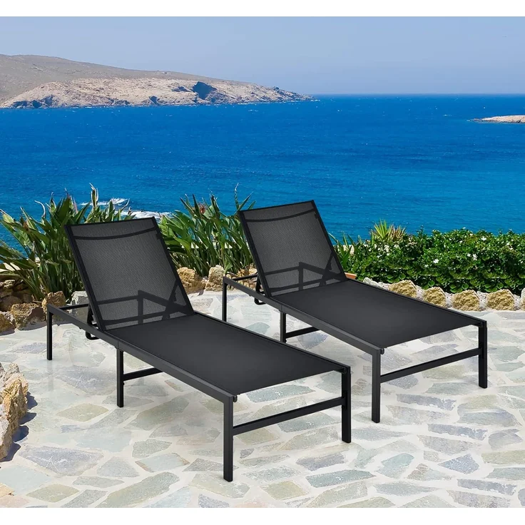 COSTWAY Sonnenliege mit 6-stufig verstellbarer Rückenlehne 150kg belastbar, Stahl/Stoff schwarz, 64 x 198 x 67-103 cm (L x B x H) – Bild 2