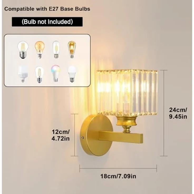 Comely Kristall Wandleuchte für den Innenbereich, Goldene E27 Wandlampe, Kristallwandleuchte Innenwandleuchte für Schlafzimmer, Wohnzimmer, Esszimmer, Flur (ohne Leuchtmittel) – Bild 3