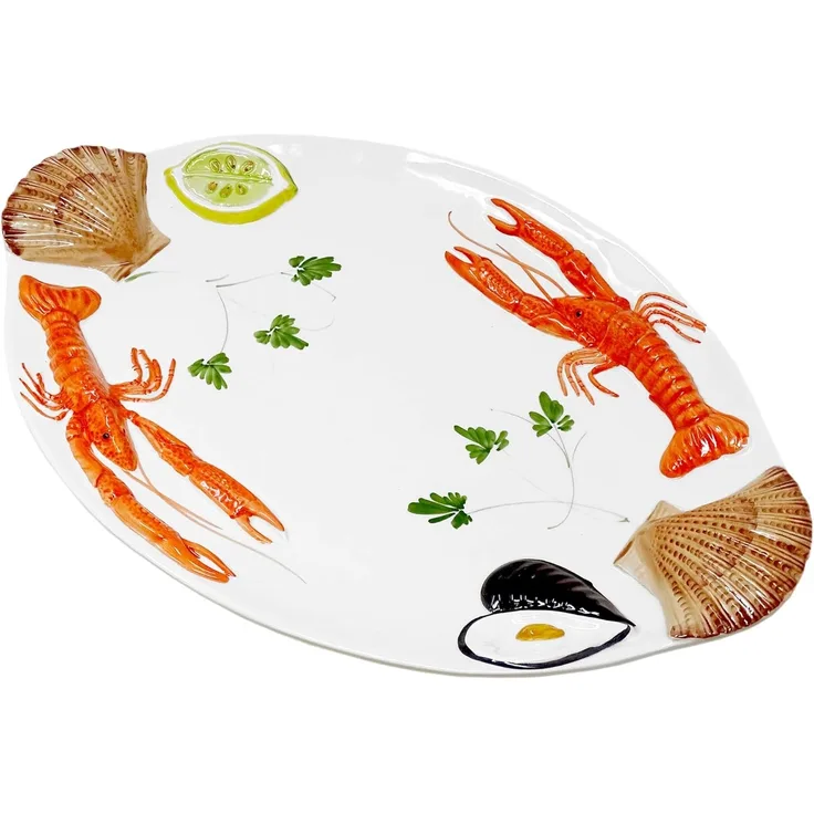 Lashuma Servierplatte Meeresfrüchte, Keramik, (1-tlg, 50x32 cm), Handgemachter Fischteller oval mit Relief Dekor