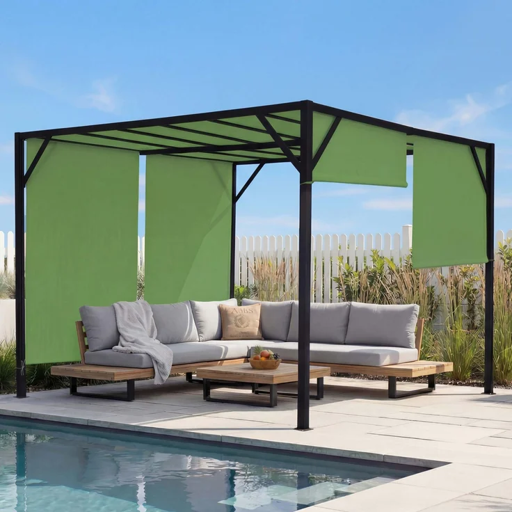 Pergola Baia, Garten Pavillon Terrassenüberdachung, stabiles 6cm-Stahl-Gestell + Schiebedach grün ~ 3x3m – Bild 1
