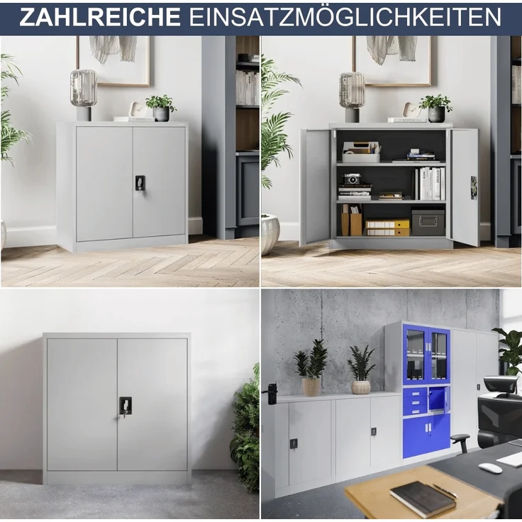 Aktenschrank abschließbar KADO - 3 Ebenen verstellbar, Flügeltüren | Metallschrank Werkstatt Mehrzweckschrank Büroschrank aus Stahl Werkzeugschrank, 93x90x40cm Grau – Bild 6