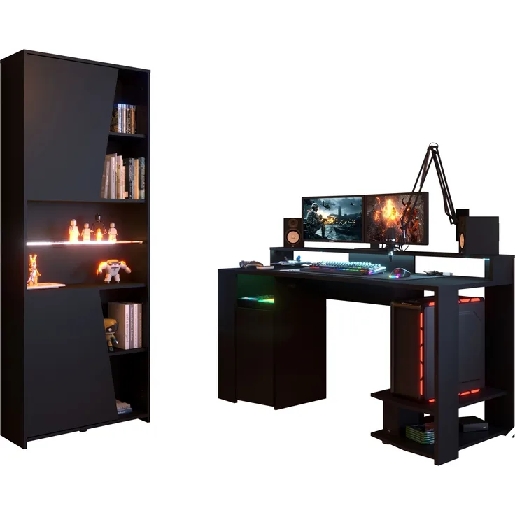 Gamingtisch >Gaming 2< (Set) inkl. Regal, LED-Beleuchtung, Dekor schwarz - 152x87x62cm BxHxT)