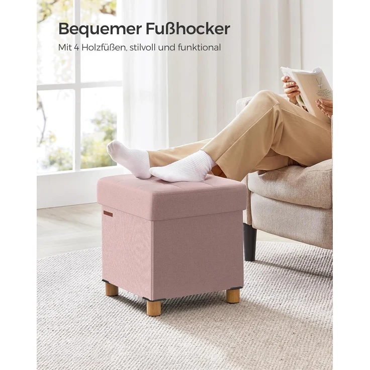 Songmics Sitzbank mit Stauraum, Schuhbank, klappbare Sitztruhe, Aufbewahrungsbox, Fußbank, 38 x 38 x 40 cm, für Wohnzimmer, Schlafzimmer, pastellrosa LSF014P11 – Bild 6