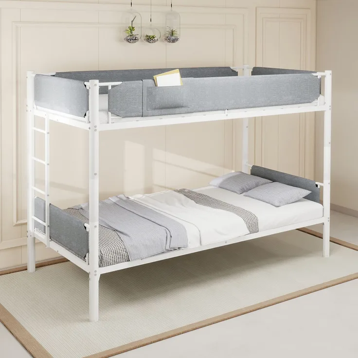 EINHOM Langlebiges Metall-Etagenbett mit abnehmbaren Schutzgeländern aus Leinenstoff, umbaubar zu zwei Einzelbetten, platzsparendes Design für Kinder und Erwachsene, Größe 90x190cm, erhältlich in Weiß (Ohne Matratze)