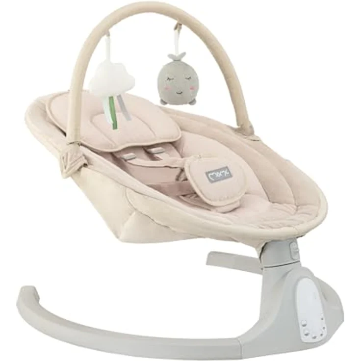 MoMi KENANI SAND Babywippe für Babys bis 9 kg, mit LED-Display, Fernbedienung & Bluetooth für Smartphone, Batterie- oder Stromanschluss, mit 5-Punkt-Sicherheitsgurt, Bügel und Spielzeug – Bild 2