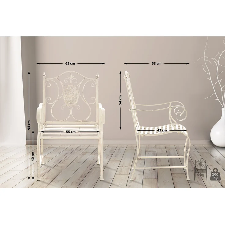 2er Set Gartenstühle AUSTIN - Metall Antik-creme 62x53x94 cm | Gartenstuhl Metall Terrassenstuhl Antik Verzierung Stühle Garten Balkon – Bild 3