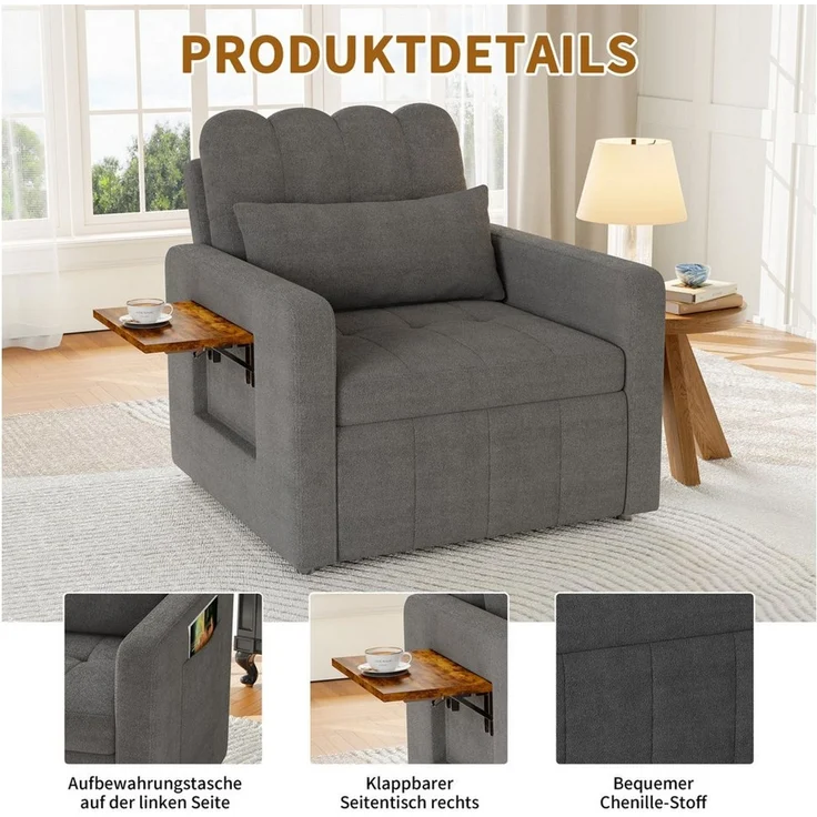 Simurq Relaxsessel Klappbarer Sessel, Chenille Schlafsessel, vielseitiger Einzelsessel, bequemer Fernsehsessel, mit Tischchen & Rollen für Wohnzimmer – Bild 4