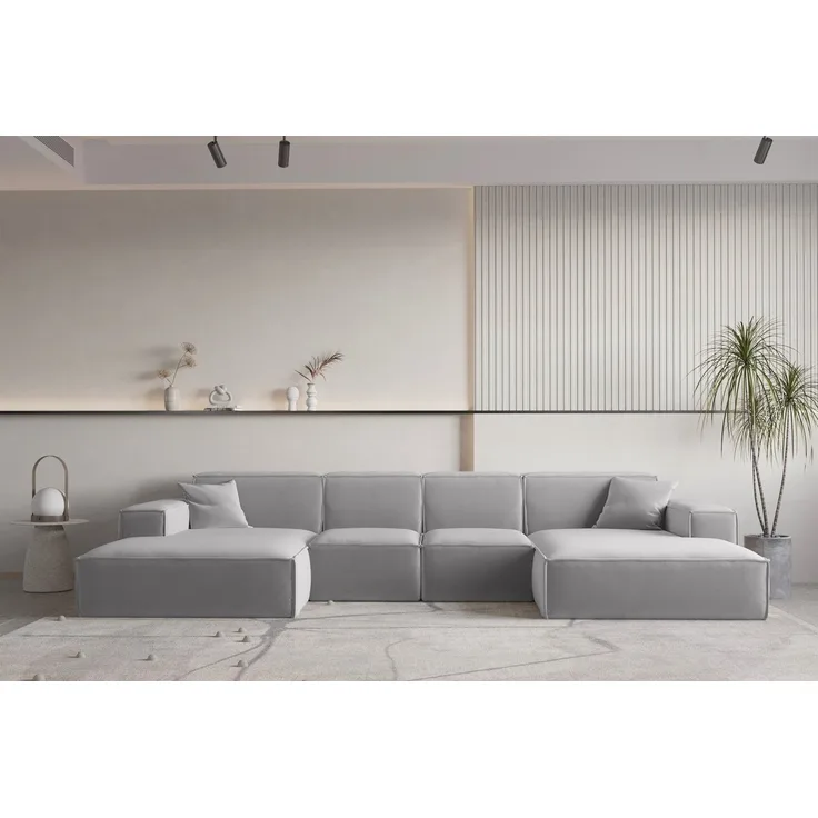Wohnlandschaft U-Form CELES PREMIUM XS in Stoff Opera Velvet Hellgrau