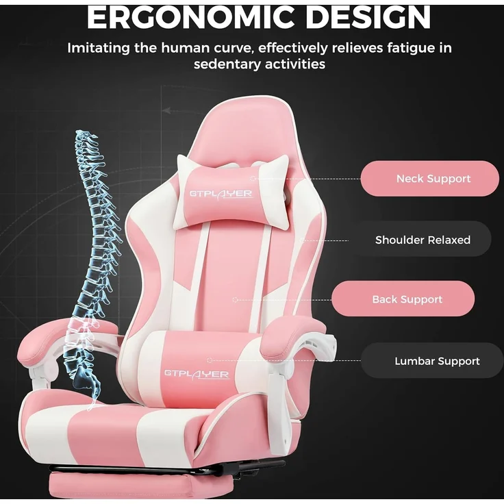 GTPLAYER Bürostuhl Gaming Stuhl Massage Gaming Sessel Ergonomischer Gamer Stuhl mit Fußstütze, Gepolstert Gaming Chair, Drehsessel 150KG,pink – Bild 2