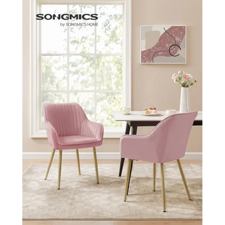 SONGMICS Esszimmerstuhl, 4er Set, Küchenstuhl, Sessel, Samt, Polsterstuhl mit Armlehnen, Loungesessel, bis 120 kg belastbar, Metallbeine, für Esszimmer, Küche, pastellrosa-blassgold LDC087R14 – Bild 5