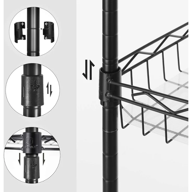 Songmics Küchenregal mit 5 Ebenen, Metallregal, Standregal, höhenverstellbare Gitterablage, mit PP-Kunststoffplatten, 4 S-Haken, für Küche, Wohnzimmer, bis zu 100 kg belastbar, schwarz LGR105B01 – Bild 7