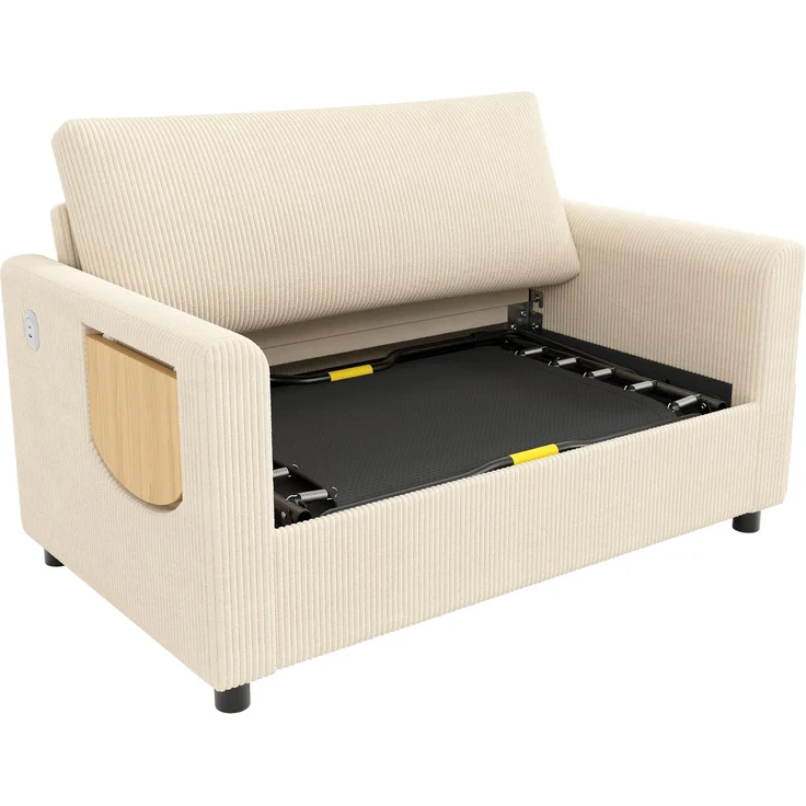 Schlafsofa 134/223x82x84 cm in Beige, Cord mit Schlaffunktion, Matratze, USB/USB-C und klappbarem Seitentisch – Bild 9