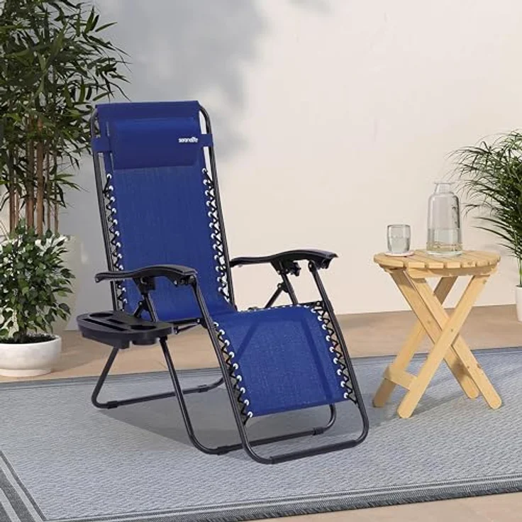 SereneLife Gartenliege Wetterfest, Sonnenliege Klappbar & Verstellbar als Liege, Sonnenstuhl als Gartenbett, Deckchair 2er Set Dunkelblau, Klappliegestuhl mit Seitentisch, Kopfkissen & Getränkehalter – Bild 3