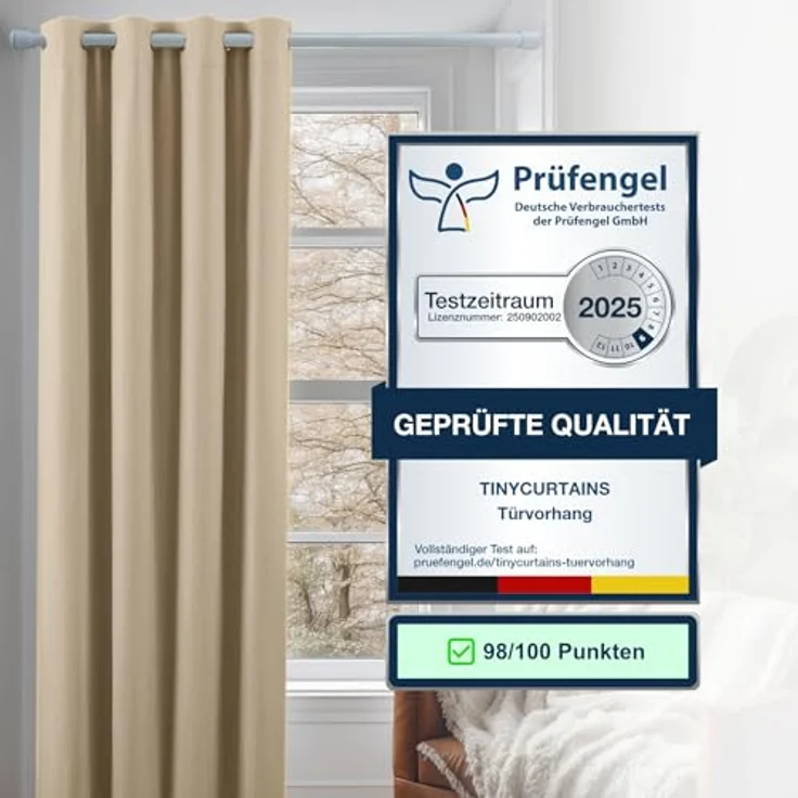 tinycurtains Türvorhang mit Stange weiß 70-120 cm Thermo Vorhang ohne Bohren, blickdicht, Ösen, verdunkelnd, Polyester, beige Driftwood, Türgardine mit Klemmstange Raumtrenner Vorhang Tür – Bild 5