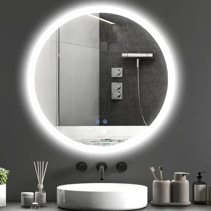 Kleankin Badspiegel mit Beleuchtung, LED-Wandspiegel mit 3 Lichtfarben, Anti-Beschlag, Ø70 x 3 cm, Weiß/Silber