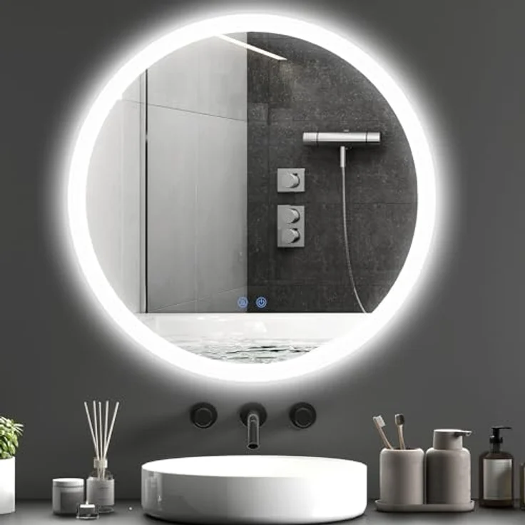 Kleankin Badspiegel mit Beleuchtung, LED-Wandspiegel mit 3 Lichtfarben, Anti-Beschlag, Ø70 x 3 cm, Weiß/Silber – Bild 1