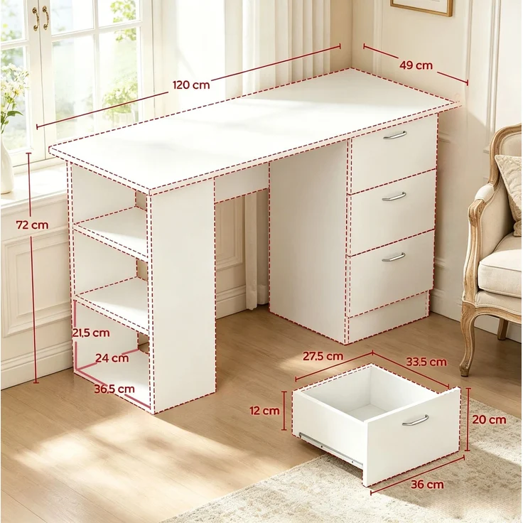 Schreibtisch aus MDF mit 3 Schubladen und 3 Regalen, 120x49x72 cm, Weiß – Bild 3
