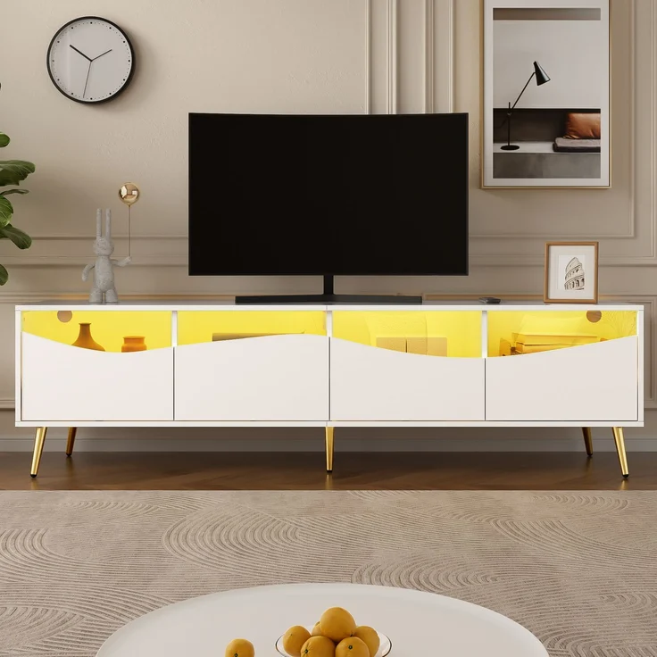 TV-Schrank mit LED, Lowboard 180 cm, Fernsehtisch weiß, Glasfront, Stauraum, Kabeldurchführung, Wohnzimmer – Bild 4