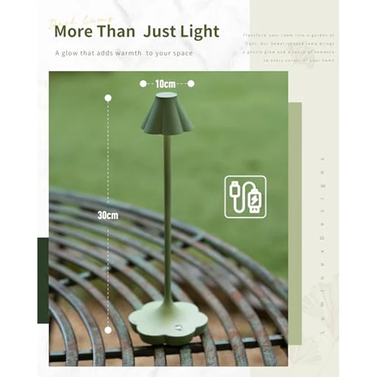 Touch Nachttischlampe Kabellos, Wiederaufladbare Tischlampe, Blumen Design, 3 Farbtemperaturen, Stufenlos Dimmbar, IP54, Gemütliches Ambientelicht für Schlafzimmer, Wohnzimmer, Grün – Bild 6