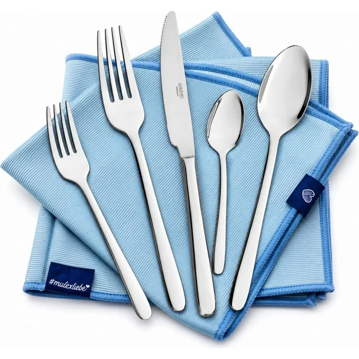 Mulex Besteck-Set Modica, Besteckset mit 3 Multifunktionstüchern (63-tlg), 12 Personen, Edelstahl 18/0, Zeitlos elegantes Besteck mit schlanker Form und edler Optik