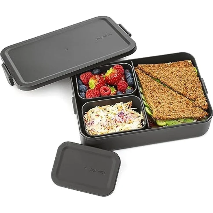 Brabantia - Make & Take Brotdose Bento - Groß - Herausnehmbare Fächer - Deckel mit Klickverschluss - Gefriergeeignet - Spülmaschinen- & Mikrowellenfest - Dark Grey - 25,5 x 16,7 x 6,2 cm – Bild 5