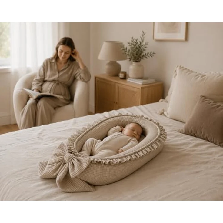 Babynestchen Neugeborene mit Rüschen – Babynest aus Waffelpique Baumwolle – Nestchen Baby für Babybett & Kinderbett – Babykokon Tragbar – OEKO-TEX zertifiziert - Sand – Bild 4