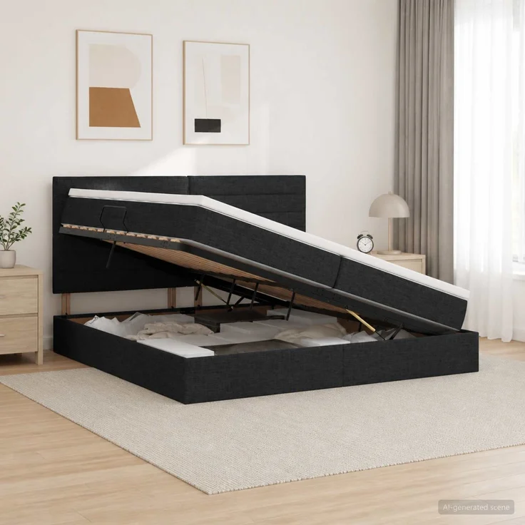 vidaXL Aufbewahrungsbett mit Matratze Schwarz 200 x 200 cm Stoff 3459464 – Bild 1