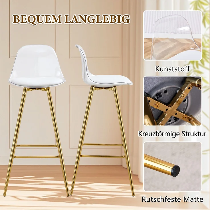 Esstisch-Set 92x89x89 cm aus Glas und Metall in Transparent, Gold und Silber mit 2 Barhockern – Bild 9