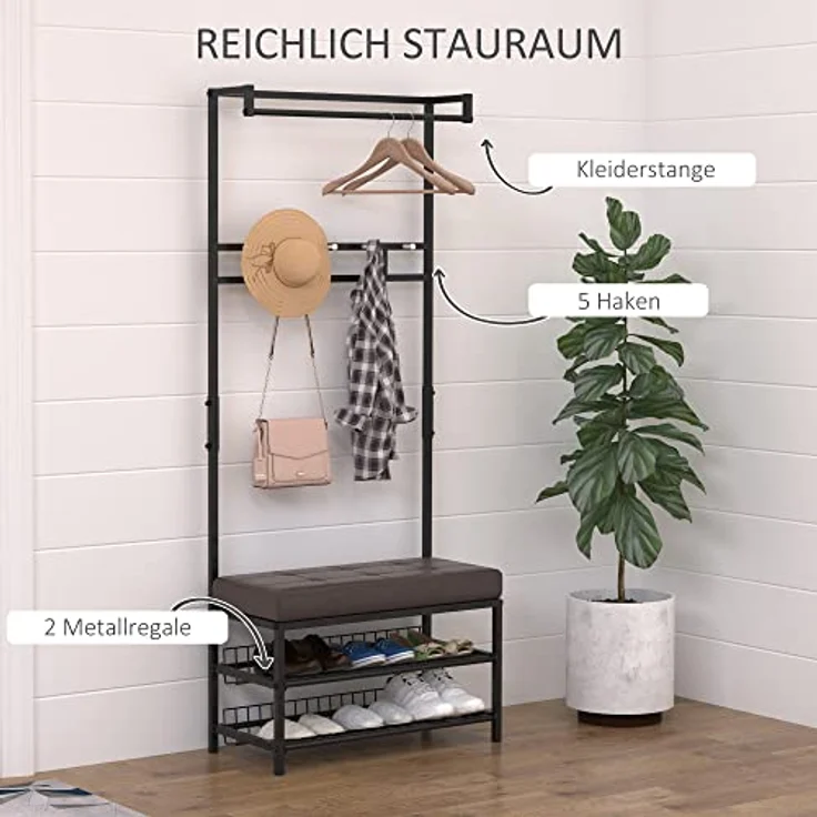 HOMCOM Garderobenständer, All-in-One Garderobe mit 5 Haken, Schuhablagen und Sitzbank, Schwarz-Braun, Metall, 35x180x72,5 cm – Bild 2