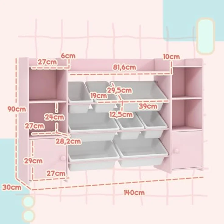 AIYAPLAY Kinderregal mit 8 herausnehmbaren Boxen, 4 offenen Fächern, 2 Schränkfach, Kinderregal 1-tlg, für Kinderzimmer, Spielzimmer, Wohnzimmer, 140 x 30 x 90 cm, Rosa – Bild 8