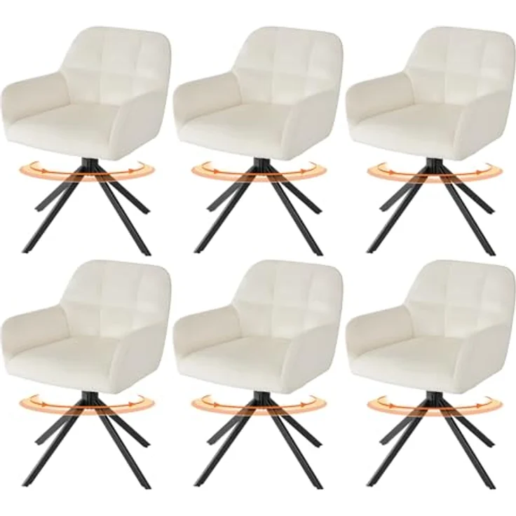 Sweetcrispy Esszimmerstuhl 6er Set, 360° Drehstuhl Esszimmer, Küchenstuhl, Samt Schminktisch Stuhl, bis 120 kg belastbar, Sessel mit Armlehnen Stahlbeine, Schreibtischstuhl für Arbeitszimmer, Beige – Bild 2