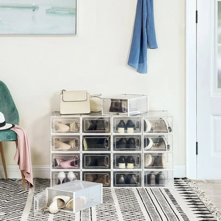 Songmics Schuhboxen, 8er Set, Schuh-Organizer aus Kunststoff, faltbar und stapelbar, für Schuhe bis Größe 44, transparent-weiß LSP08SWT – Bild 3